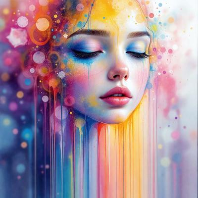 The primary subject of the image is a woman with a colorful, abstract background. The woman is depicted with a pouting expression, and her lips are painted in a shade of pink. The setting is a colorful, abstract background that features a mix of colors and patterns. The visual style of the image is a combination of digital art and illustration, creating a vibrant and artistic representation of the woman. The dominant colors in the image are pink, yellow, and blue, which contribute to the overall m